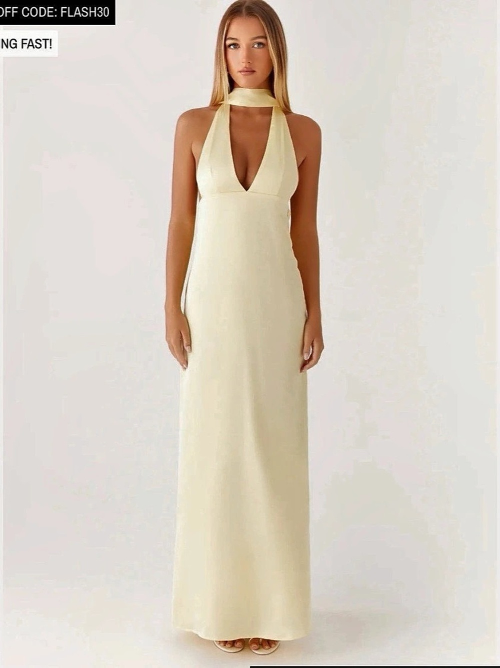 Peppermayo Alicia Satin Halter Maxi Dress Yellow - Picture 1 of 2
